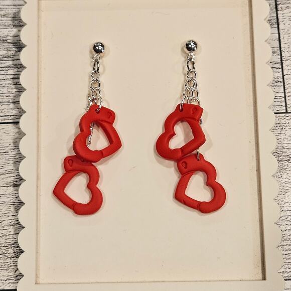 Red Heart Handcuff Dangle Earrings Polymer Clay Handmade Bold - Picture 1 of 4